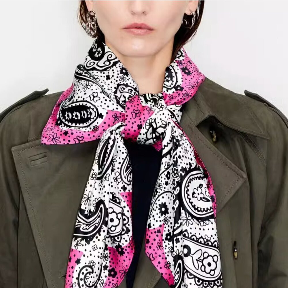 Bimba y Lola Silk Scarf Paisley Pink Black White Square Designer